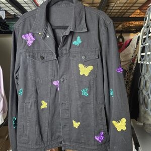SHEIN Black Denim Jacket with Colorful Butterfly Embroidery